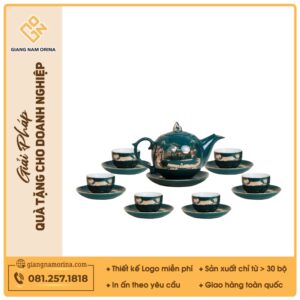 Bộ ấm trà Ngọn lửa men lam sen vàng kẻ vàng