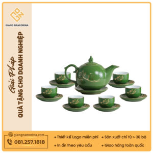 Bộ ấm trà Ngọn lửa men lục sen vàng kẻ vàng