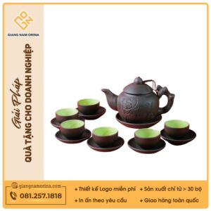 Bộ ấm trà tử sa đen hoa sen đắp nổi