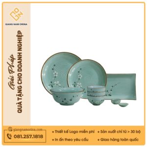 Bộ bàn ăn 12 món men lam đào trắng