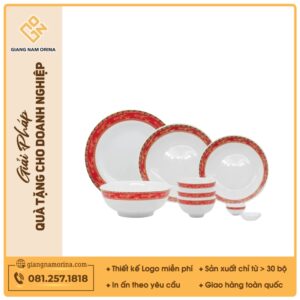 Bộ bàn ăn 12 món men trắng viền hạc đỏ