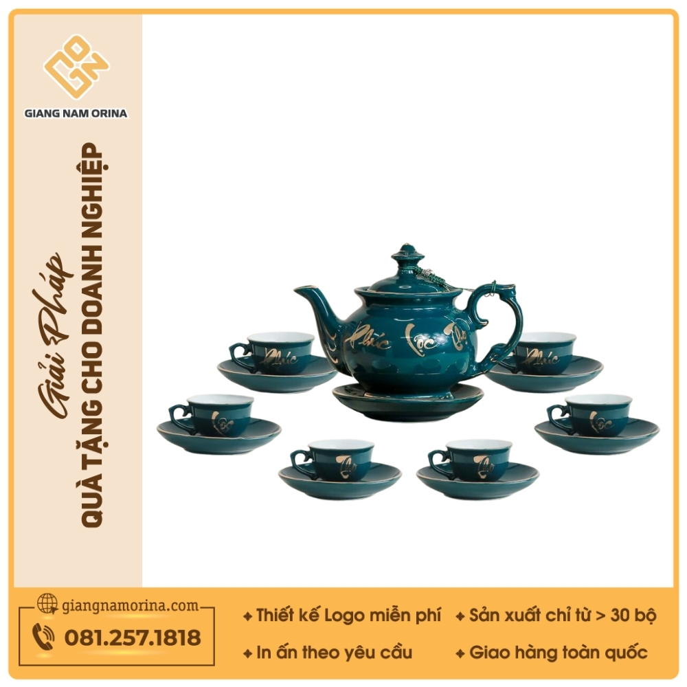 Bộ trà Đài Các men lam Phúc Lộc Thọ kẻ chỉ vàng 1 Bộ trà Đài Các men lam Phúc Lộc Thọ kẻ chỉ vàng