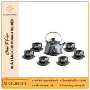 Bộ trà dáng siêu lòng hoa khắc chuồn men nâu hoả biến