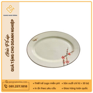 Đĩa bầu dục - Bộ bàn ăn men kem vẽ Đào đỏ