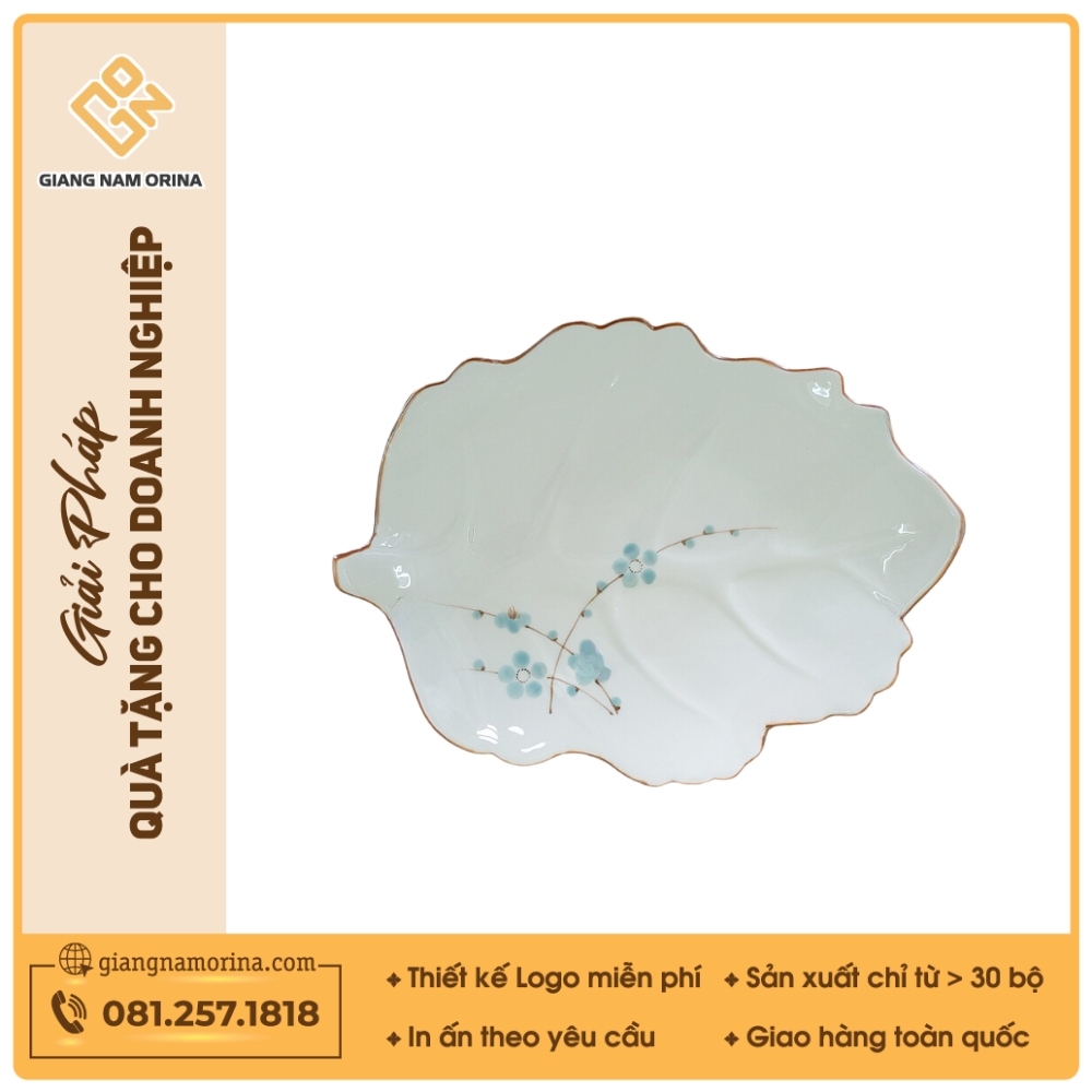 Đĩa lá bỏng - Bộ bàn ăn men kem vẽ Đào xanh 1 Đĩa lá bỏng - Bộ bàn ăn men kem vẽ Đào xanh