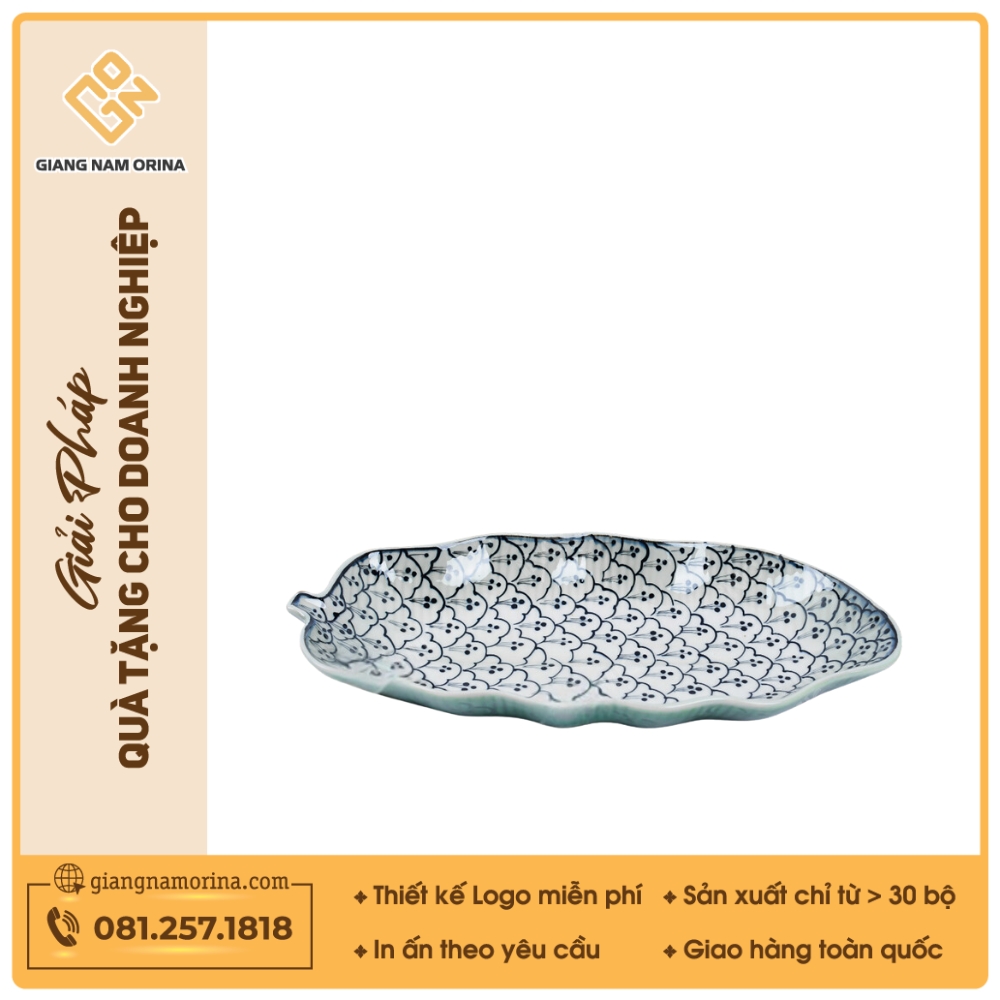Đĩa lá chuối sâu - Bộ bàn ăn men xanh Hoa bèo 1 Đĩa lá chuối sâu - Bộ bàn ăn men xanh Hoa bèo