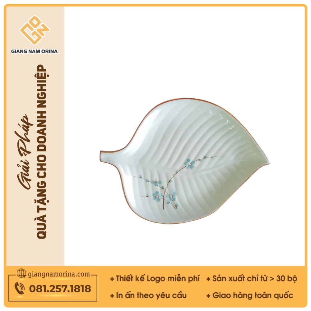 Đĩa lá đề - Bộ bàn ăn men kem vẽ Đào xanh 1 Đĩa lá đề - Bộ bàn ăn men kem vẽ Đào xanh