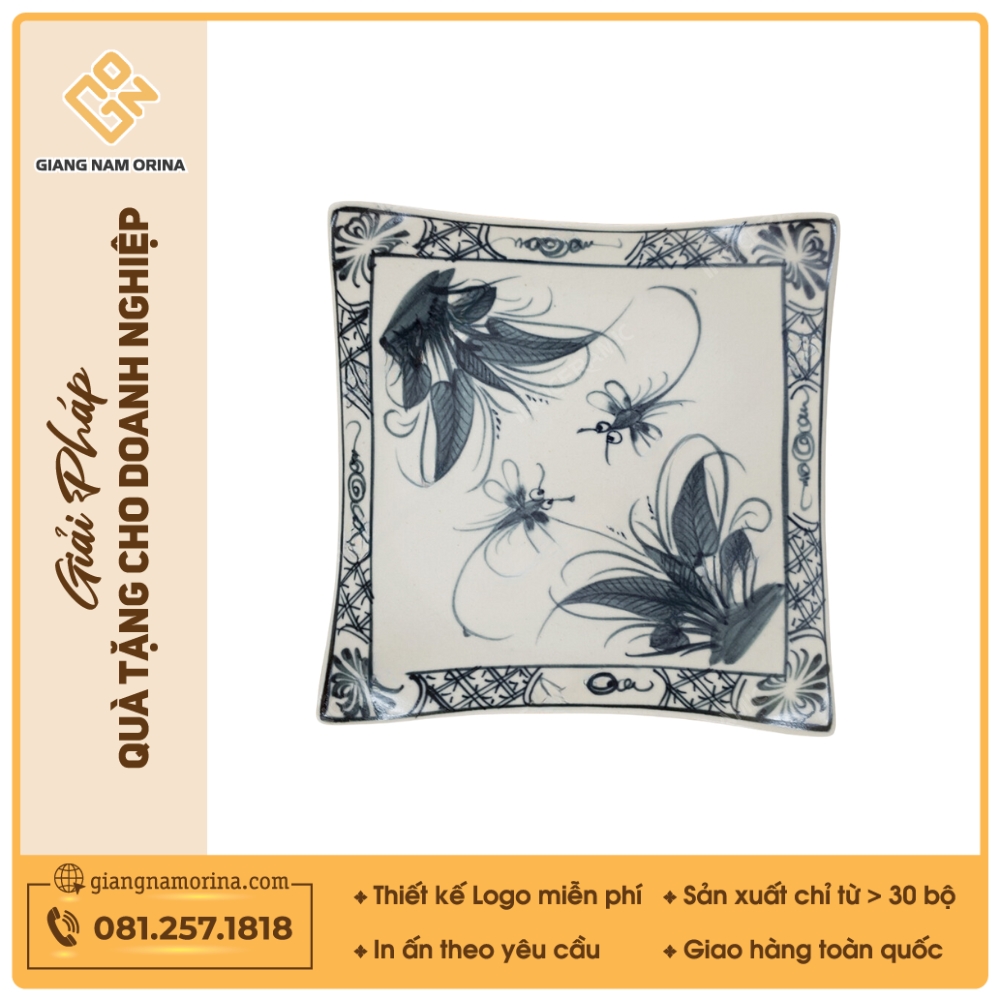 Đĩa vuông vếch - Bộ bàn ăn men rạn vẽ chuồn xanh 1 Đĩa vuông vếch - Bộ bàn ăn men rạn vẽ chuồn xanh