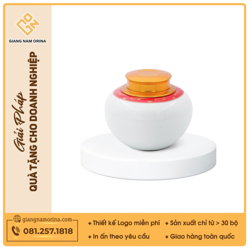 Hũ đựng trà bầu men trắng viền hạc đỏ 1 Hũ đựng trà bầu men trắng viền hạc đỏ