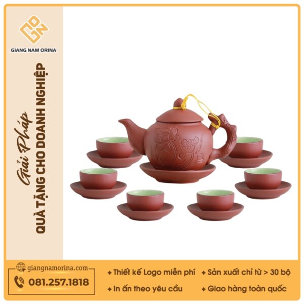 Bộ ấm trà Châu hoa tử sa đỏ khắc sen