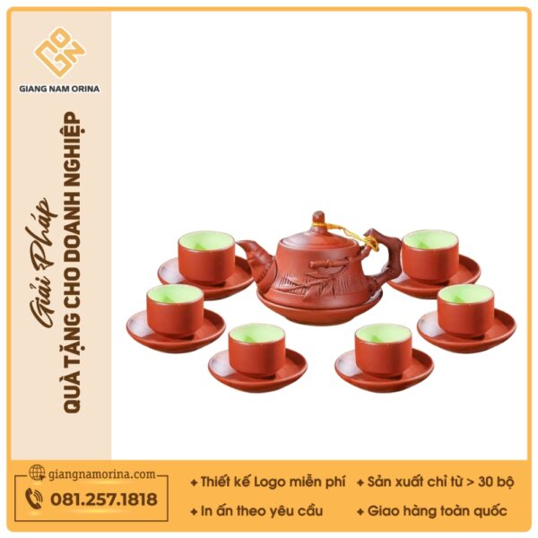 Bộ ấm trà Nhã Viên tử sa đỏ đắp nổi cành trúc