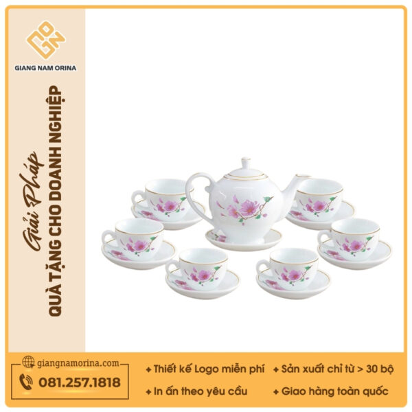 Bộ trà Camelia hoa đào hồng kẻ vàng Bộ trà Camelia hoa đào hồng kẻ vàng