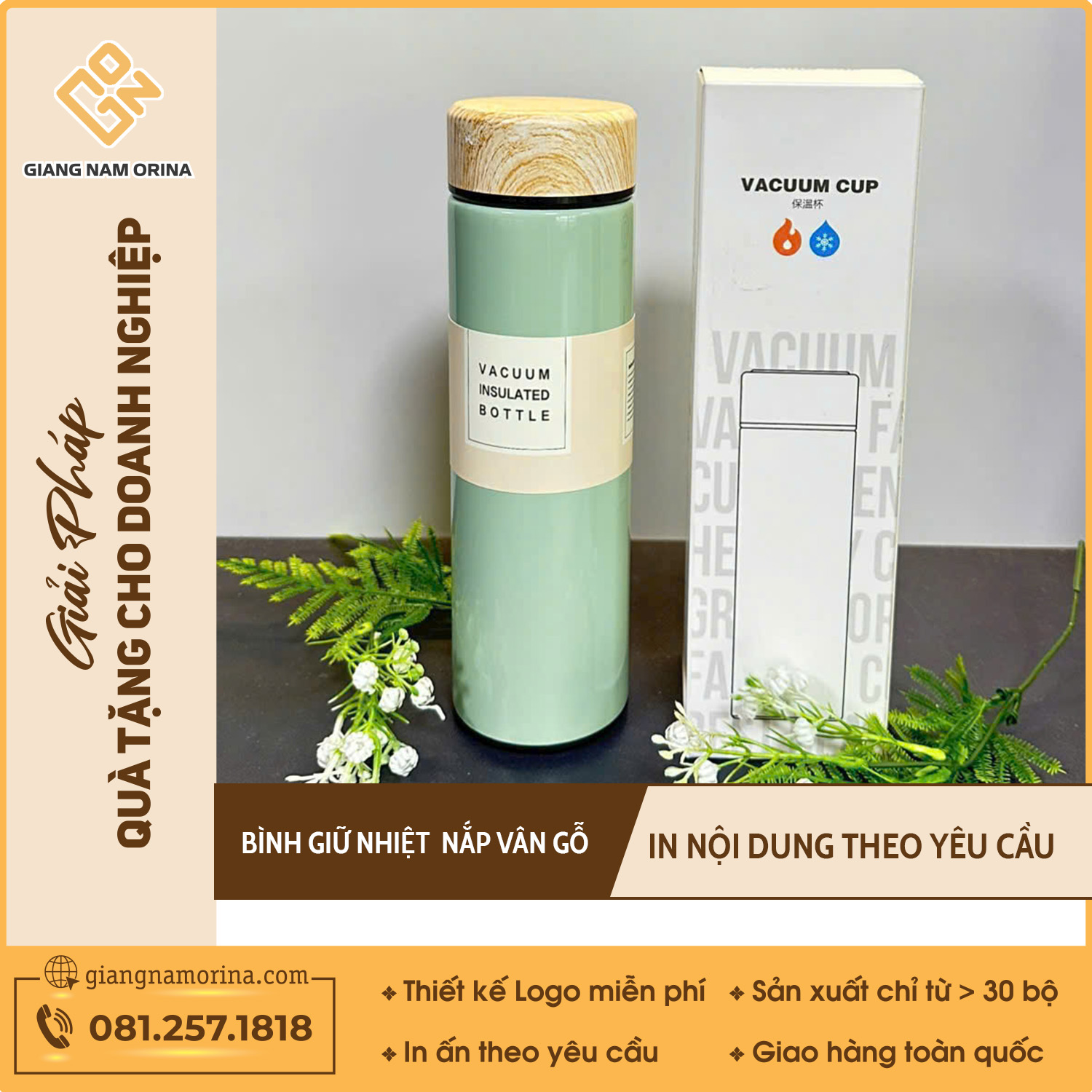 Bình Giữ Nhiệt Có Nắp Vân Gỗ Màu Xanh Mint 1 Bình Giữ Nhiệt Có Nắp Vân Gỗ Màu Xanh Mint