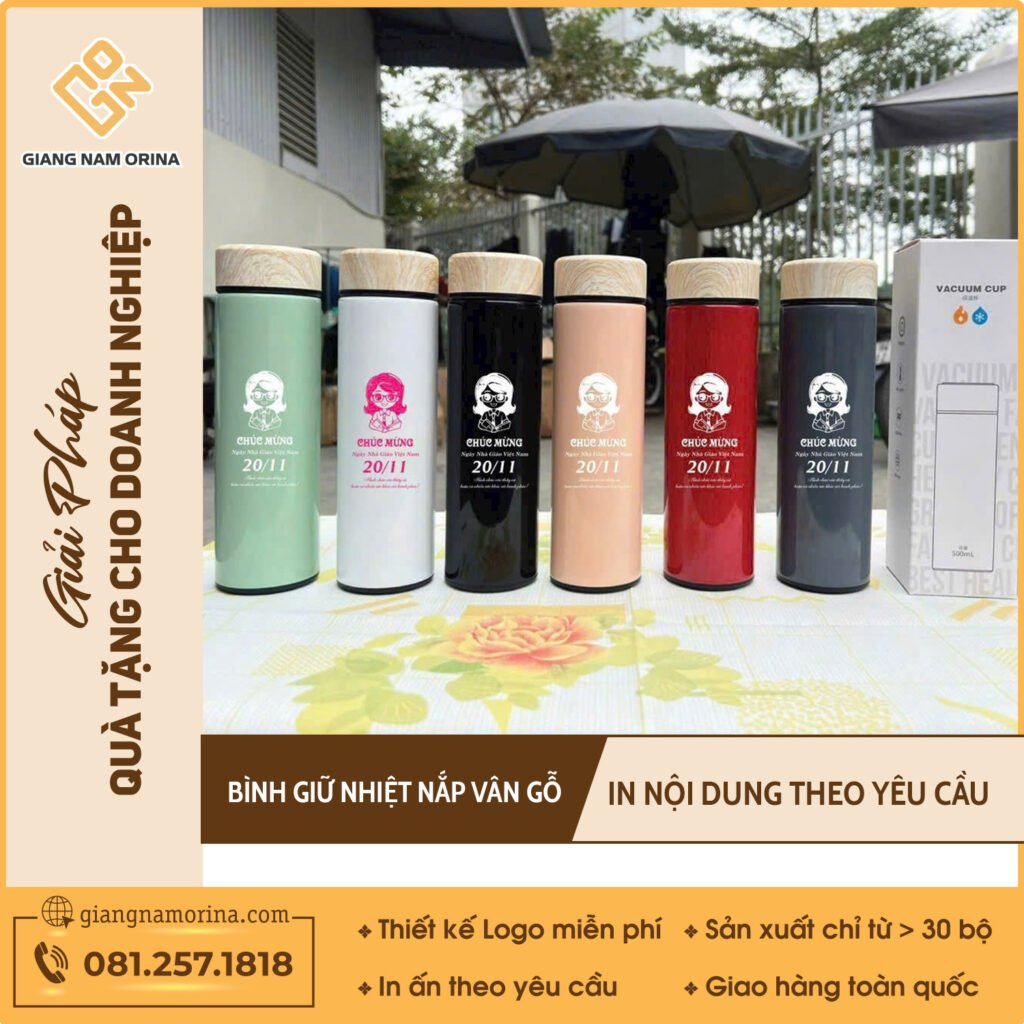 Bình Giữ Nhiệt Quà Tặng In Logo Công Ty Giá Sỉ Tại TPHCM 2 Bình Giữ Nhiệt Nắp Vân Gỗ In Logo