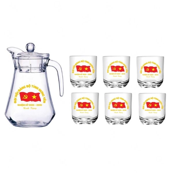 Bộ bình ly thủy tinh in logo đại hội Bộ bình ly thủy tinh in logo đại hội