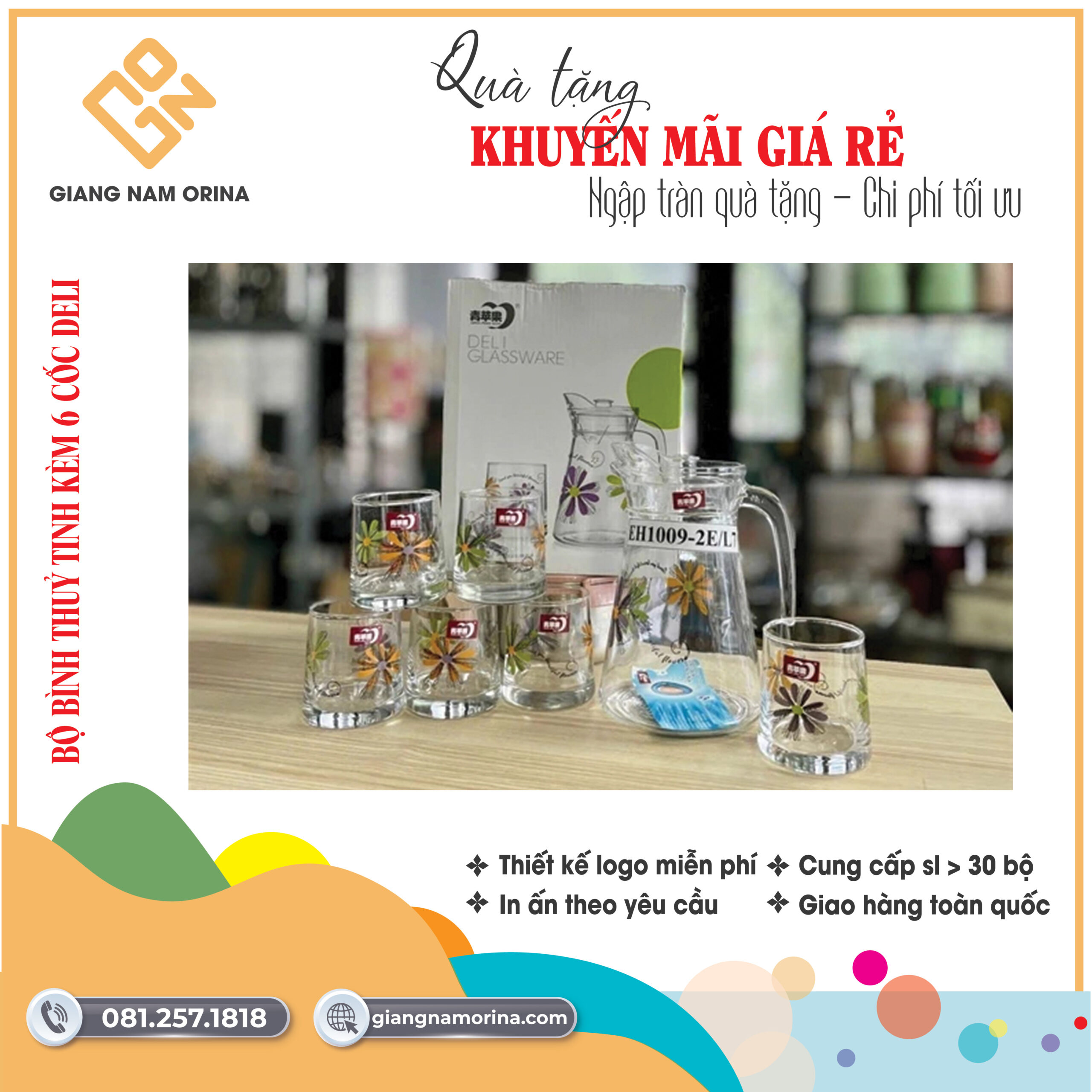 Bộ bình thuỷ tinh kèm 6 cốc Deli 1 Bộ bình thuỷ tinh kèm 6 cốc Deli