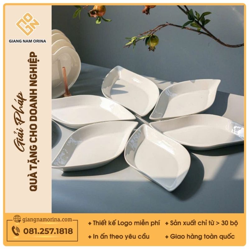 Bộ đĩa hình chiếc lá sứ Minh Châu 1 Bộ đĩa hình chiếc lá sứ Minh Châu