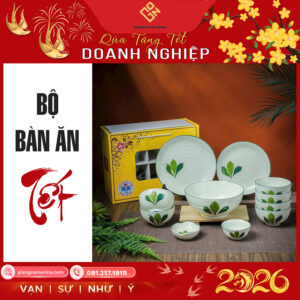Bộ bát đĩa Bát Tràng men kem vẽ tay hoạ tiết lá