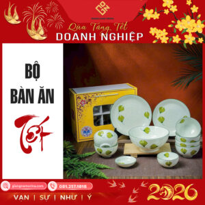 Bộ đồ ăn men kem vẽ lá như ý