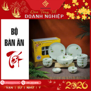 Bộ đồ ăn men kem vẽ hoa sen màu