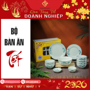 Bộ bát đĩa Bát Tràng vẽ tay sen xanh