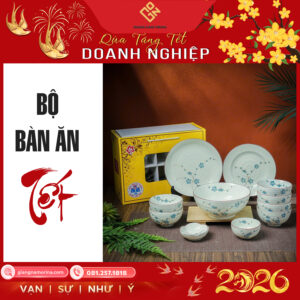 Bộ bát đĩa sứ trắng họa tiết đào xanh