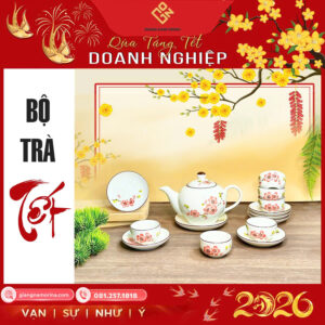 Bộ ấm chén men kem vẽ hoa đào