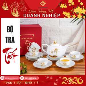 Bộ ấm trà mẫu đơn sen vàng kẻ chỉ vàng