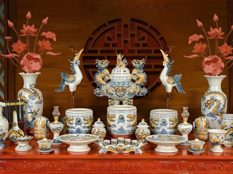 Bộ đồ thờ gốm Bát Tràng men rạn truyền thống, chuẩn phong thủy